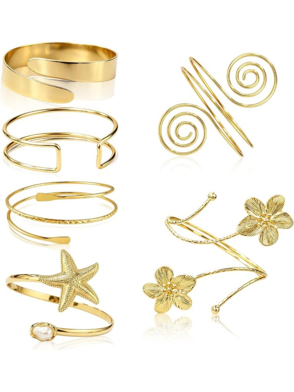 6 PCS Gold Upper Arm Cuff Bracelets Set - Boho Floral & Starfish Adjustable